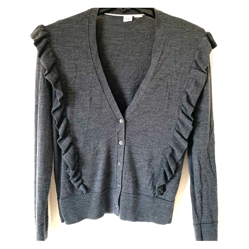 Gap Gray Ruffle Wool Cardigan Sweater